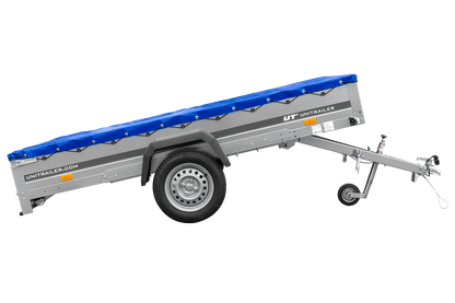 Remolque de un eje 264x150 UNITRAILER GARDEN 265 BASCULANTE con soporte para lona plana y lona azul