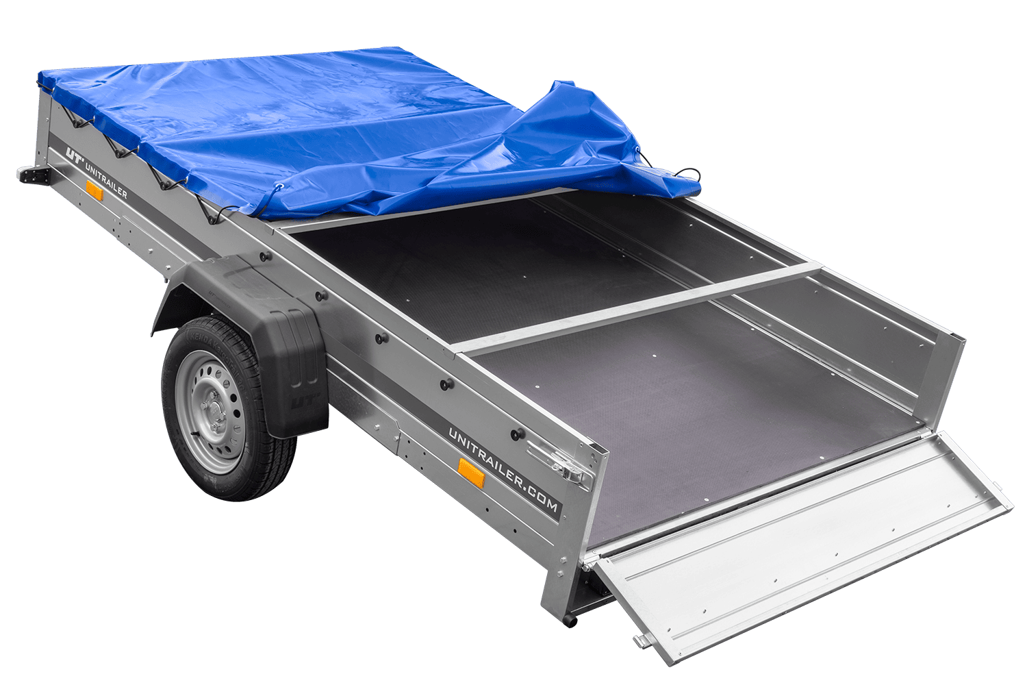 Remolque de un eje 264x150 UNITRAILER GARDEN 265 BASCULANTE con soporte para lona plana y lona azul