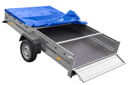Remolque de un eje 264x150 UNITRAILER GARDEN 265 BASCULANTE con soporte para lona plana y lona azul