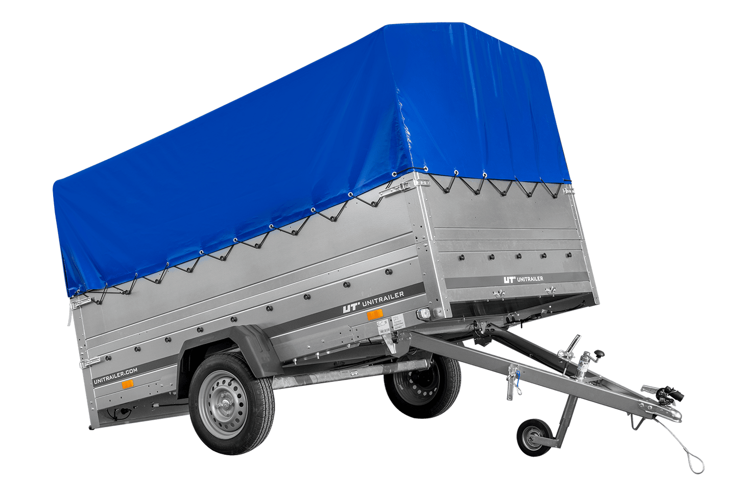 Remolque de un eje 264x150 UNITRAILER GARDEN 265 BASCULANTE con laterales adicionales, estructura alta H-800 y lona azul