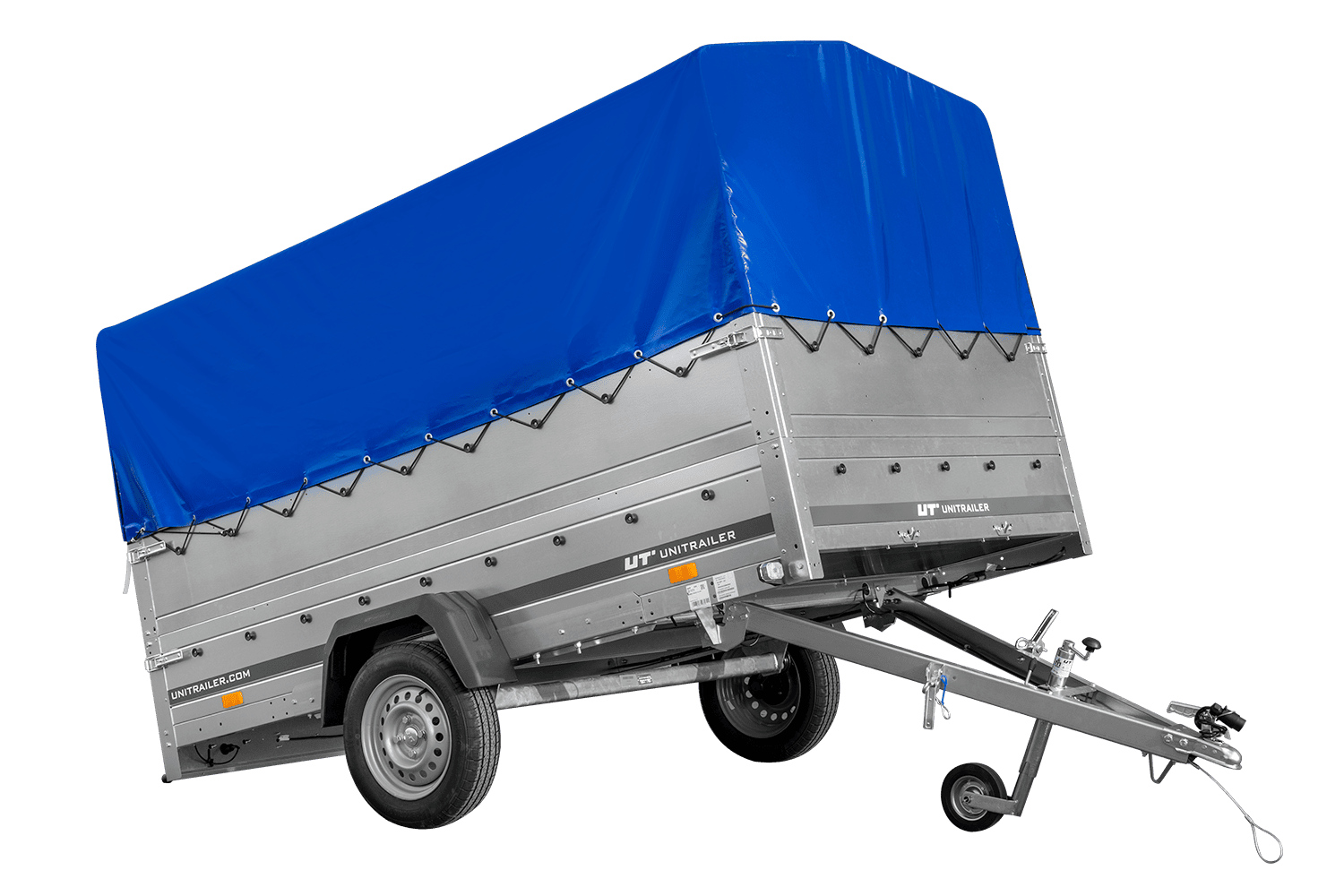 Remolque de un eje 264x150 UNITRAILER GARDEN 265 BASCULANTE con laterales adicionales, estructura alta H-800 y lona azul