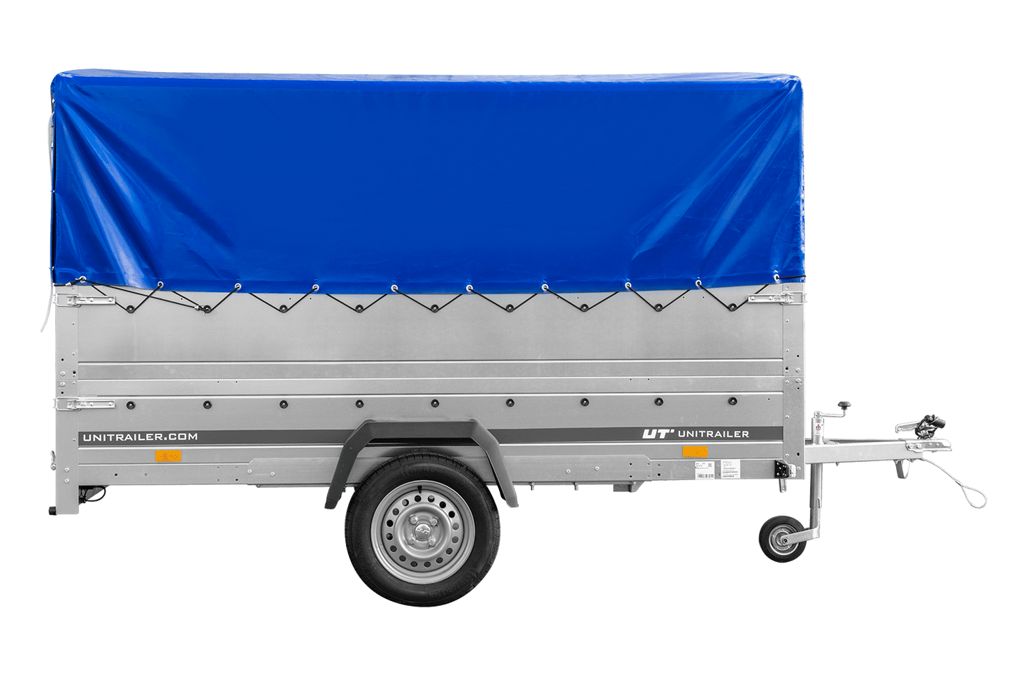 Remolque de un eje 264x150 UNITRAILER GARDEN 265 BASCULANTE con laterales adicionales, estructura alta H-800 y lona azul