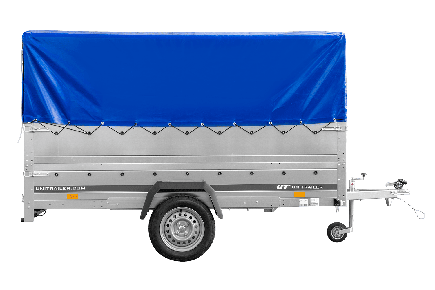 Remolque de un eje 264x150 UNITRAILER GARDEN 265 BASCULANTE con laterales adicionales, estructura alta H-800 y lona azul