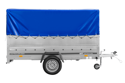 Remolque de un eje 264x150 UNITRAILER GARDEN 265 BASCULANTE con laterales adicionales, estructura alta H-800 y lona azul