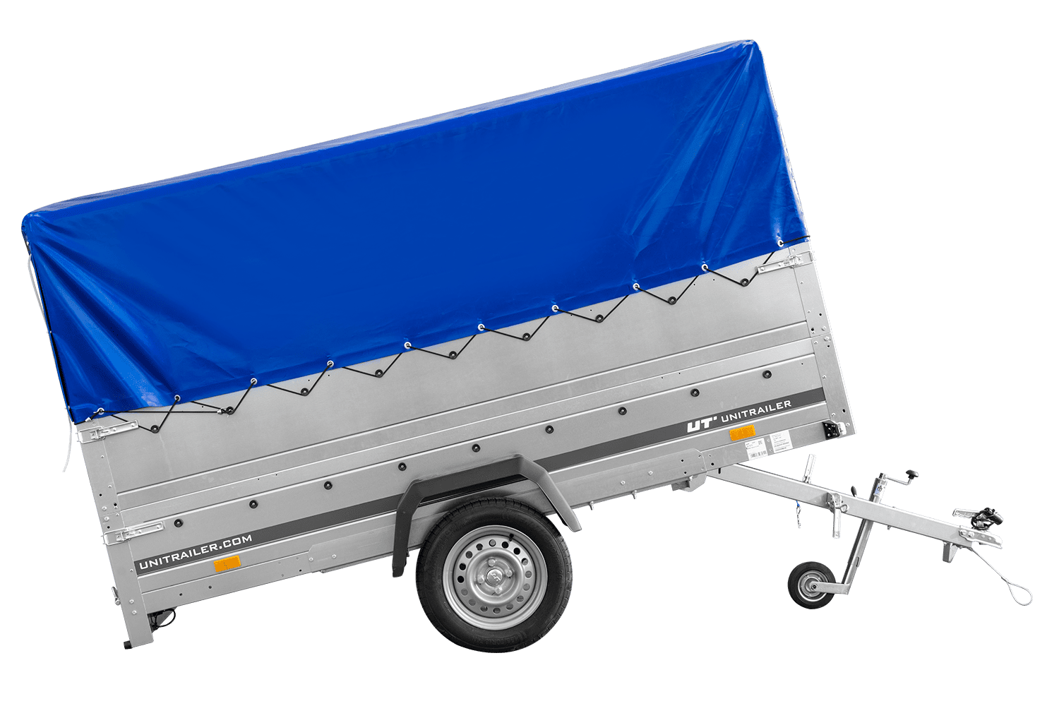 Remolque de un eje 264x150 UNITRAILER GARDEN 265 BASCULANTE con laterales adicionales, estructura alta H-800 y lona azul