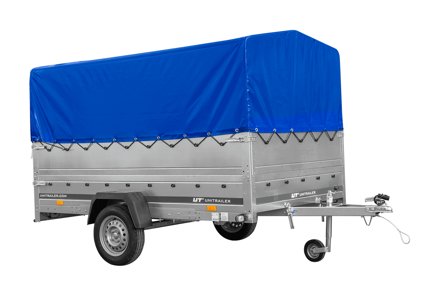 Remolque de un eje 264x150 UNITRAILER GARDEN 265 BASCULANTE con laterales adicionales, estructura alta H-800 y lona azul