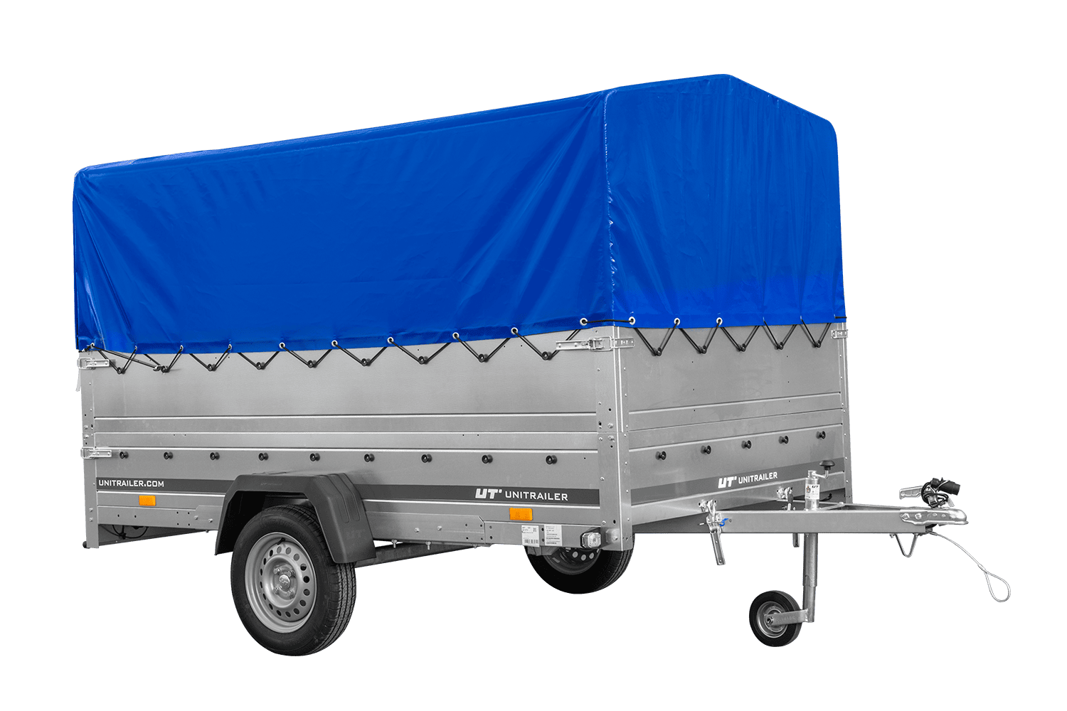 Remolque de un eje 264x150 UNITRAILER GARDEN 265 BASCULANTE con laterales adicionales, estructura alta H-800 y lona azul