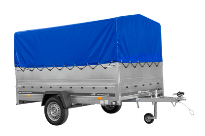 Remolque de un eje 264x150 UNITRAILER GARDEN 265 BASCULANTE con laterales adicionales, estructura alta H-800 y lona azul