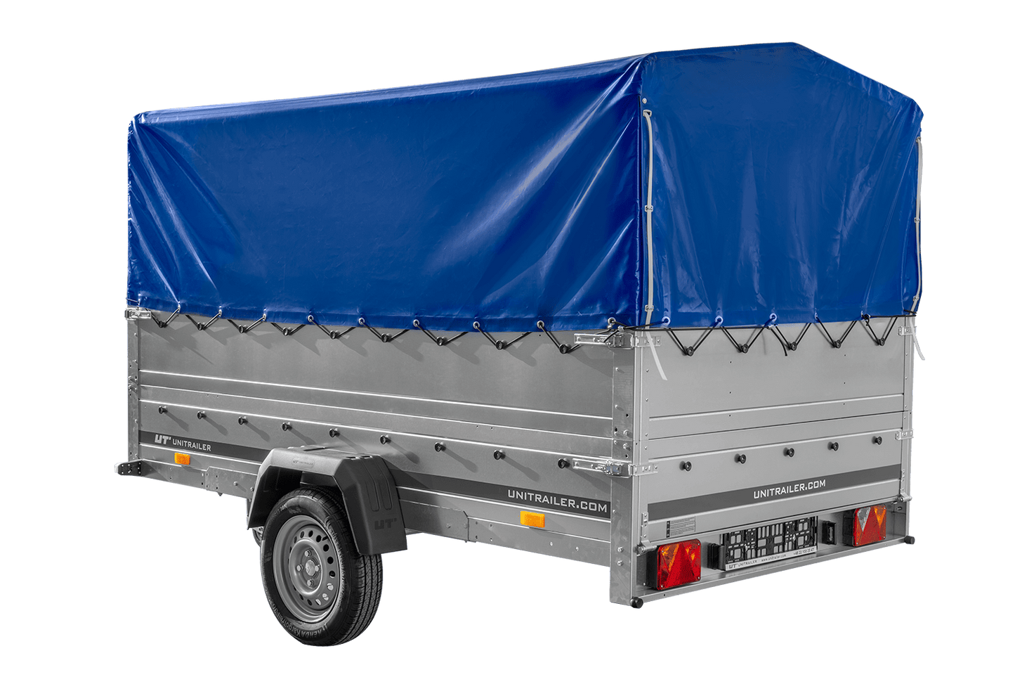 Remolque de un eje 264x150 UNITRAILER GARDEN 265 BASCULANTE con laterales adicionales, estructura alta H-800 y lona azul