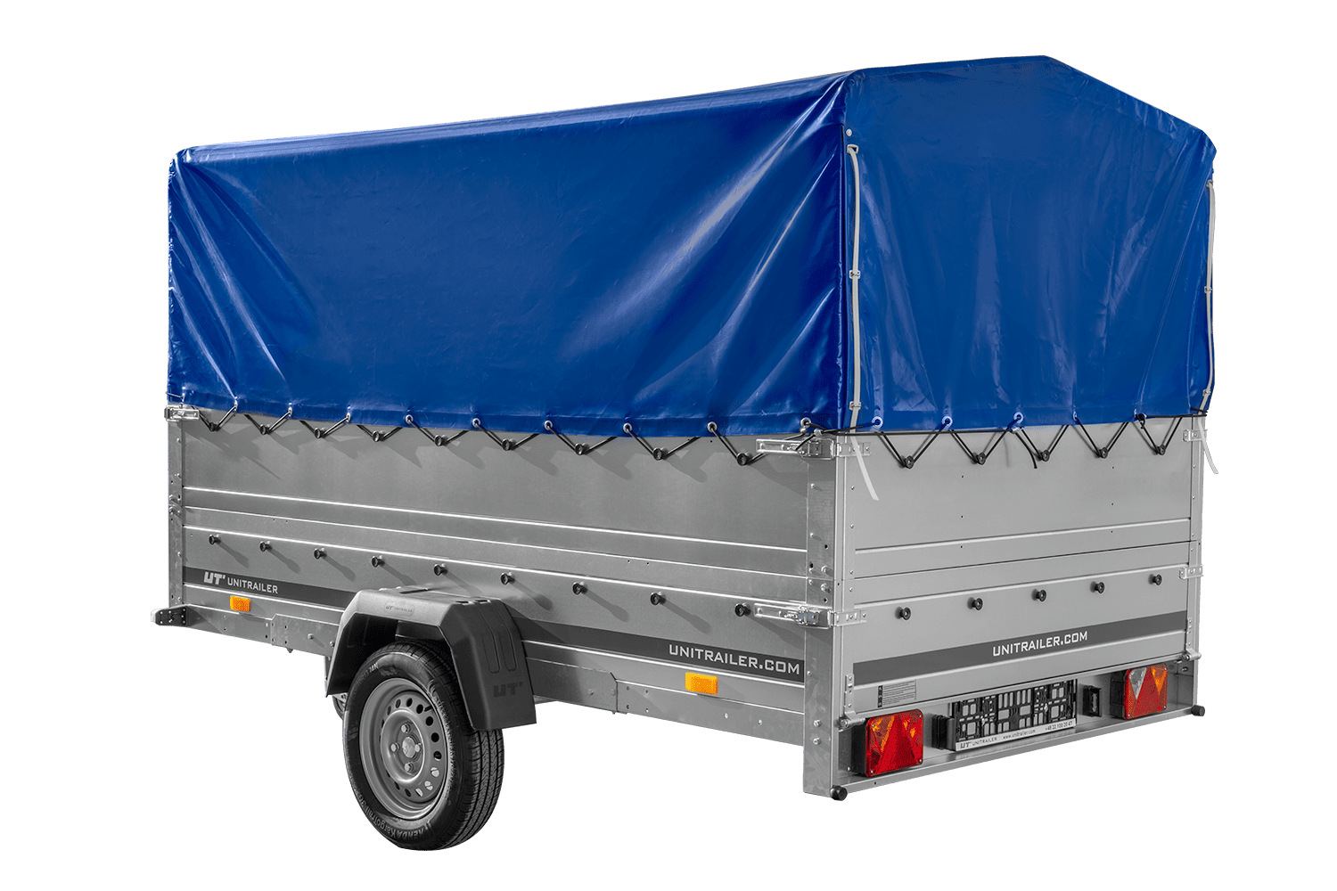 Remolque de un eje 264x150 UNITRAILER GARDEN 265 BASCULANTE con laterales adicionales, estructura alta H-800 y lona azul