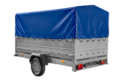 Remolque de un eje 264x150 UNITRAILER GARDEN 265 BASCULANTE con laterales adicionales, estructura alta H-800 y lona azul