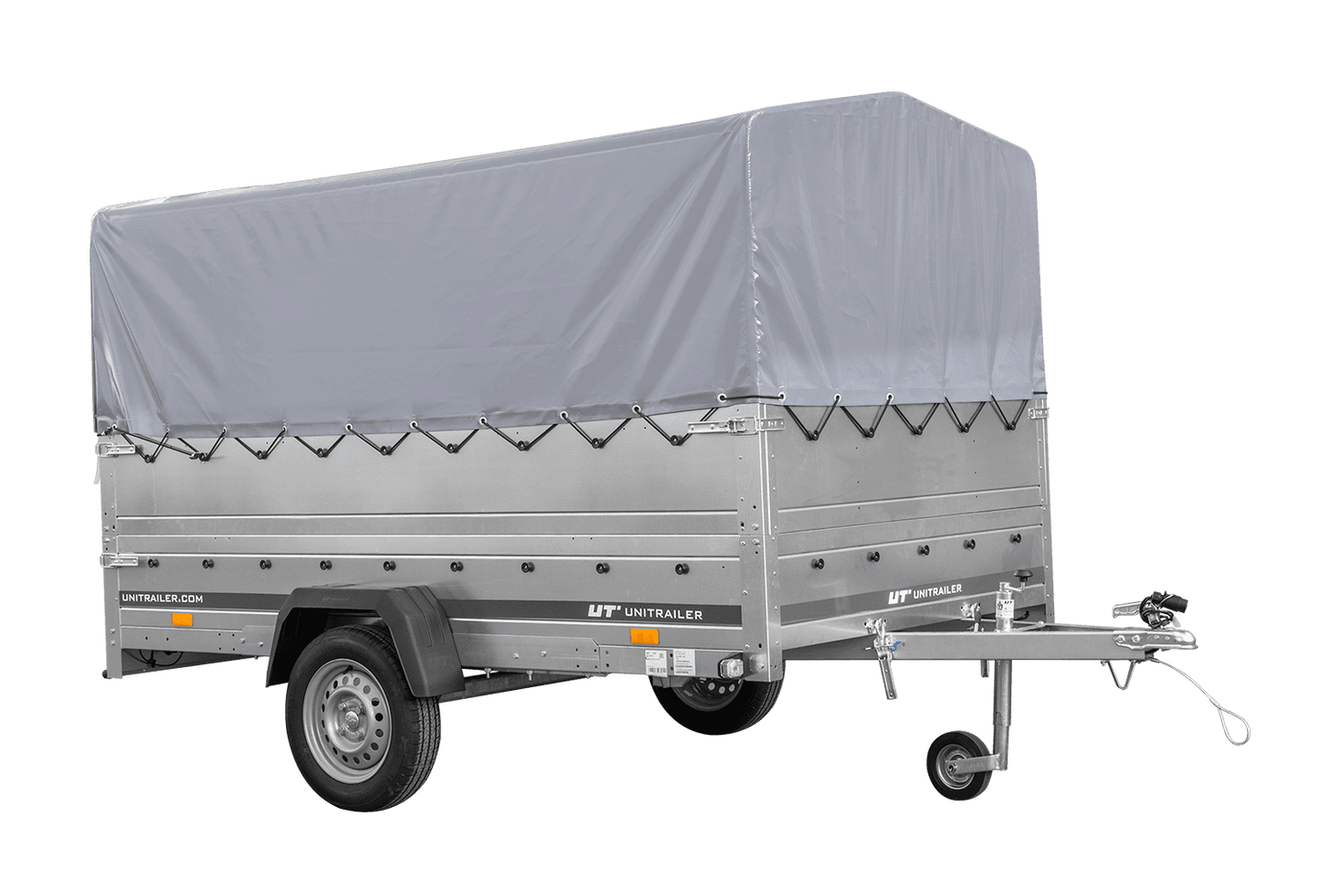 Remolque de un eje 264x150 UNITRAILER GARDEN 265 BASCULANTE con laterales adicionales, marco H-800 y lona gris