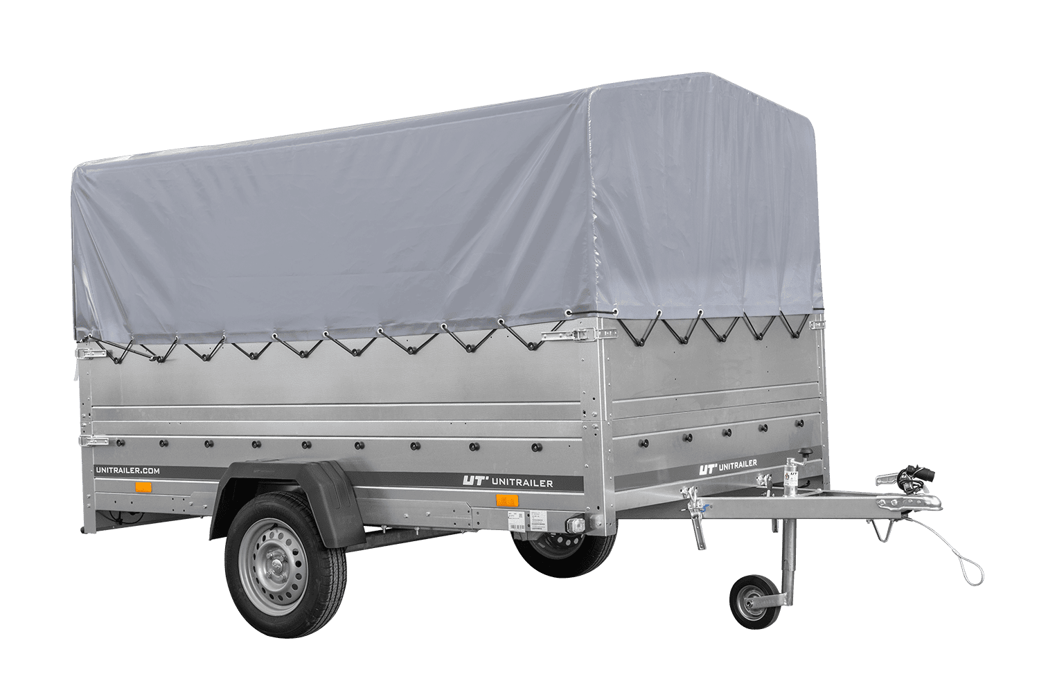 Remolque de un eje 264x150 UNITRAILER GARDEN 265 BASCULANTE con laterales adicionales, marco H-800 y lona gris