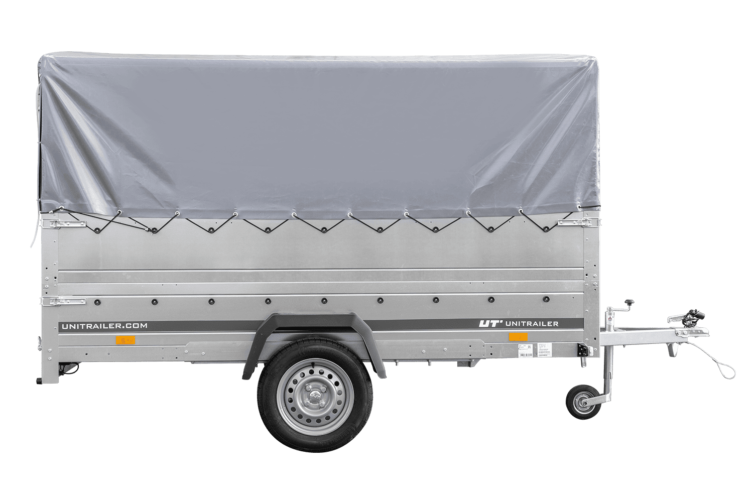 Remolque de un eje 264x150 UNITRAILER GARDEN 265 BASCULANTE con laterales adicionales, marco H-800 y lona gris