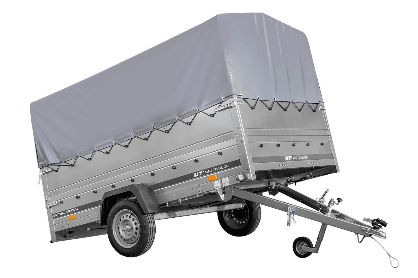 Remolque de un eje 264x150 UNITRAILER GARDEN 265 BASCULANTE con laterales adicionales, marco H-800 y lona gris