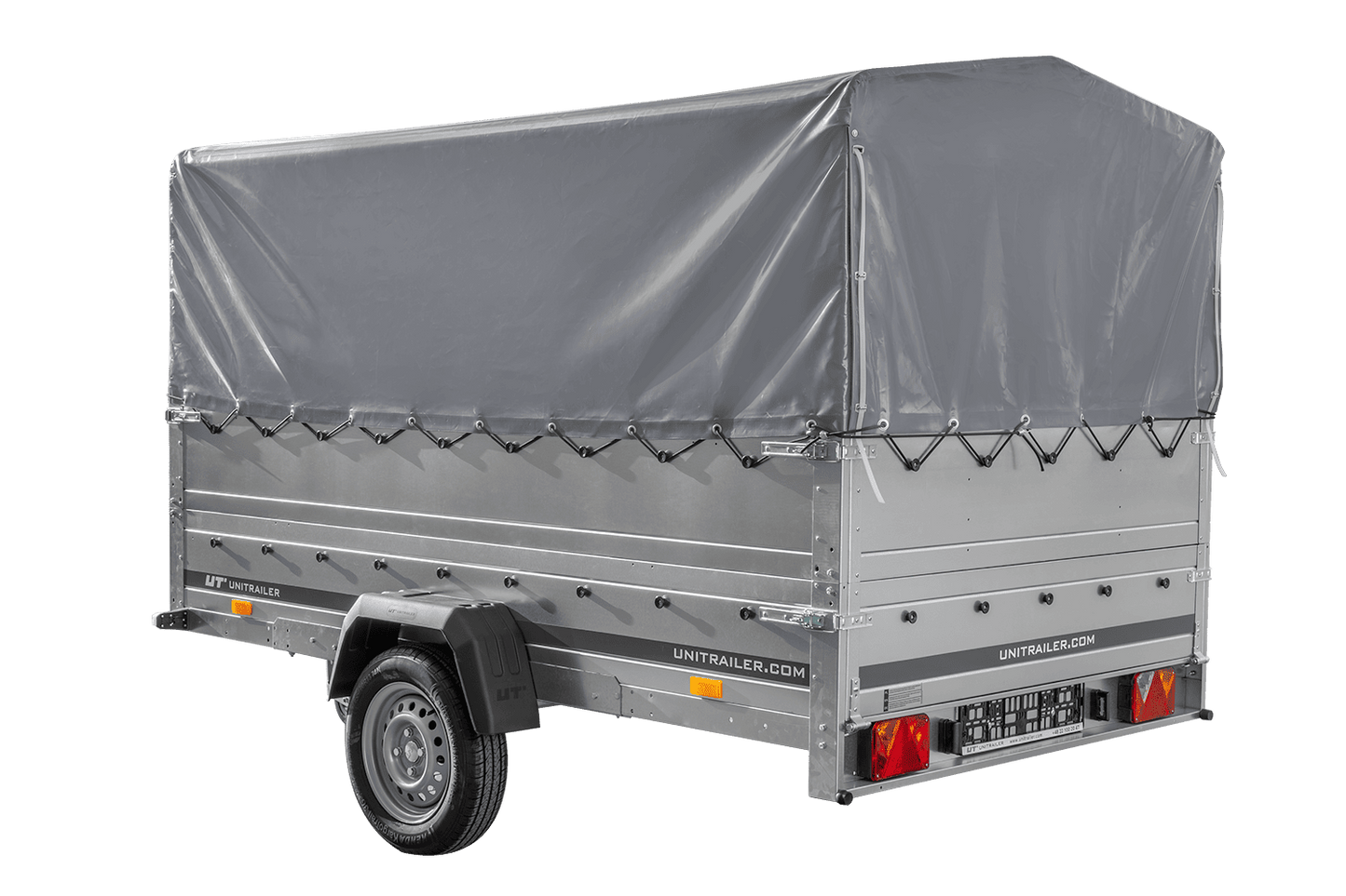 Remolque de un eje 264x150 UNITRAILER GARDEN 265 BASCULANTE con laterales adicionales, marco H-800 y lona gris
