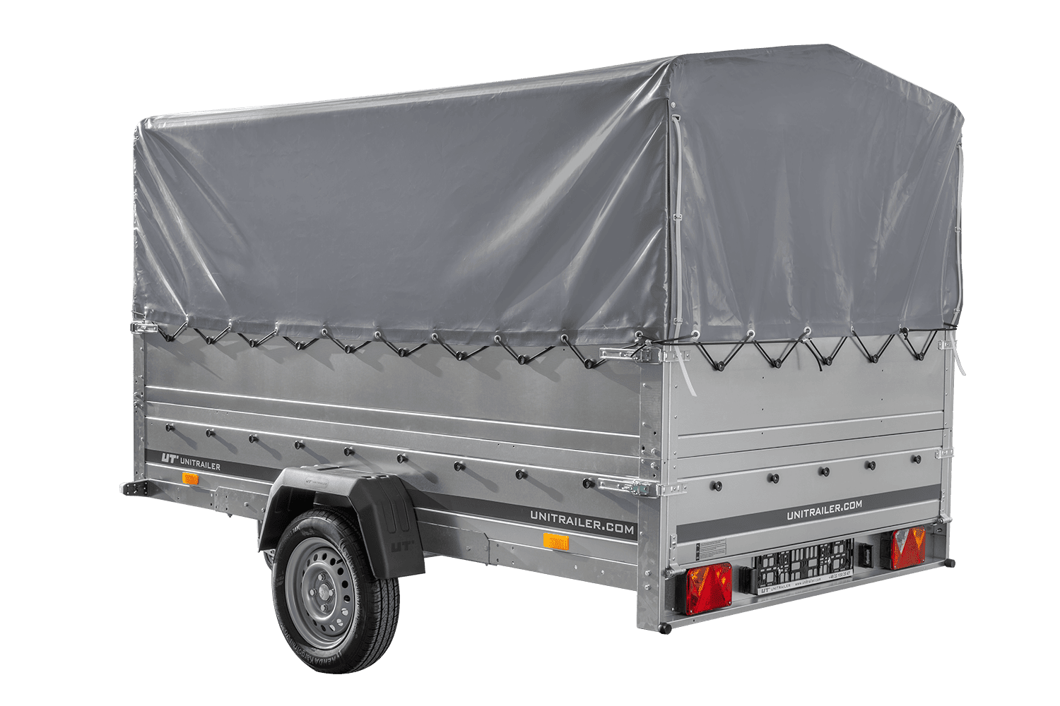 Remolque de un eje 264x150 UNITRAILER GARDEN 265 BASCULANTE con laterales adicionales, marco H-800 y lona gris