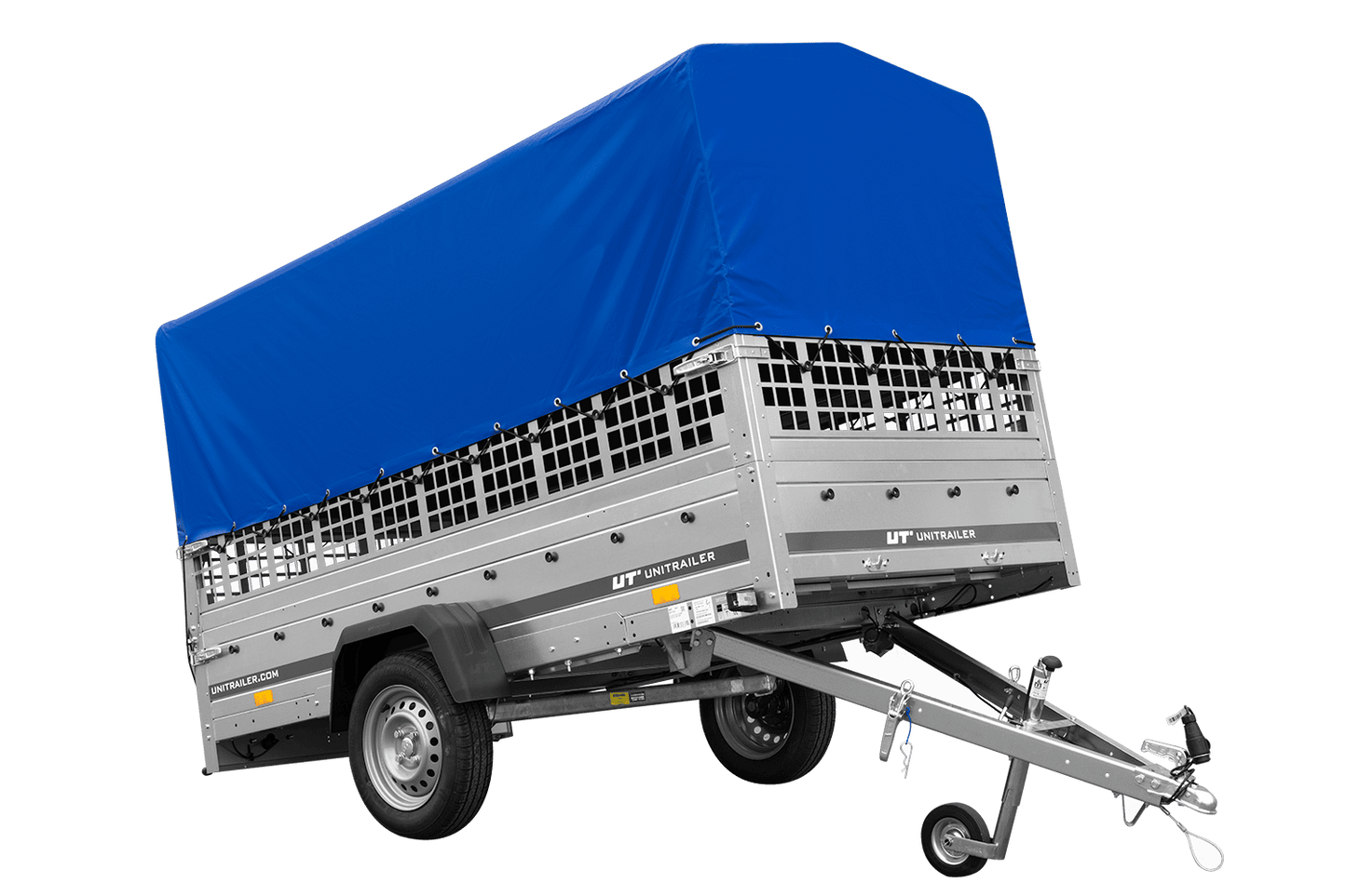 Remolque de un eje GARDEN TRAILER 264 BASCULANTE con sobrelaterales de malla, lona alta, estructura y rueda de apoyo