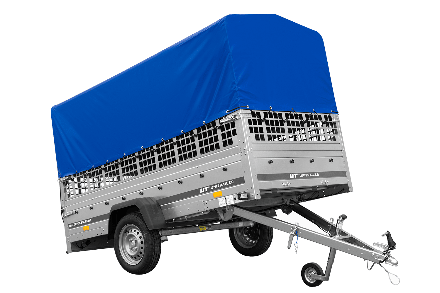 Remolque de un eje GARDEN TRAILER 264 BASCULANTE con sobrelaterales de malla, lona alta, estructura y rueda de apoyo