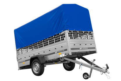 Remolque de un eje GARDEN TRAILER 264 BASCULANTE con sobrelaterales de malla, lona alta, estructura y rueda de apoyo