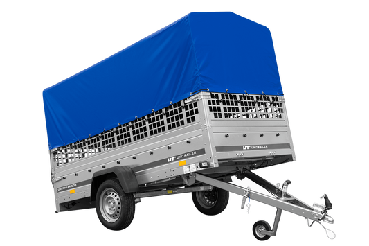 Remolque de un eje GARDEN TRAILER 264 BASCULANTE con sobrelaterales de malla, lona alta, estructura y rueda de apoyo