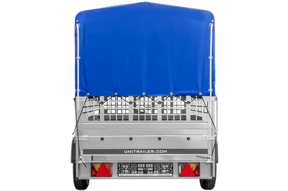 Remolque de un eje GARDEN TRAILER 264 BASCULANTE con sobrelaterales de malla, lona alta, estructura y rueda de apoyo