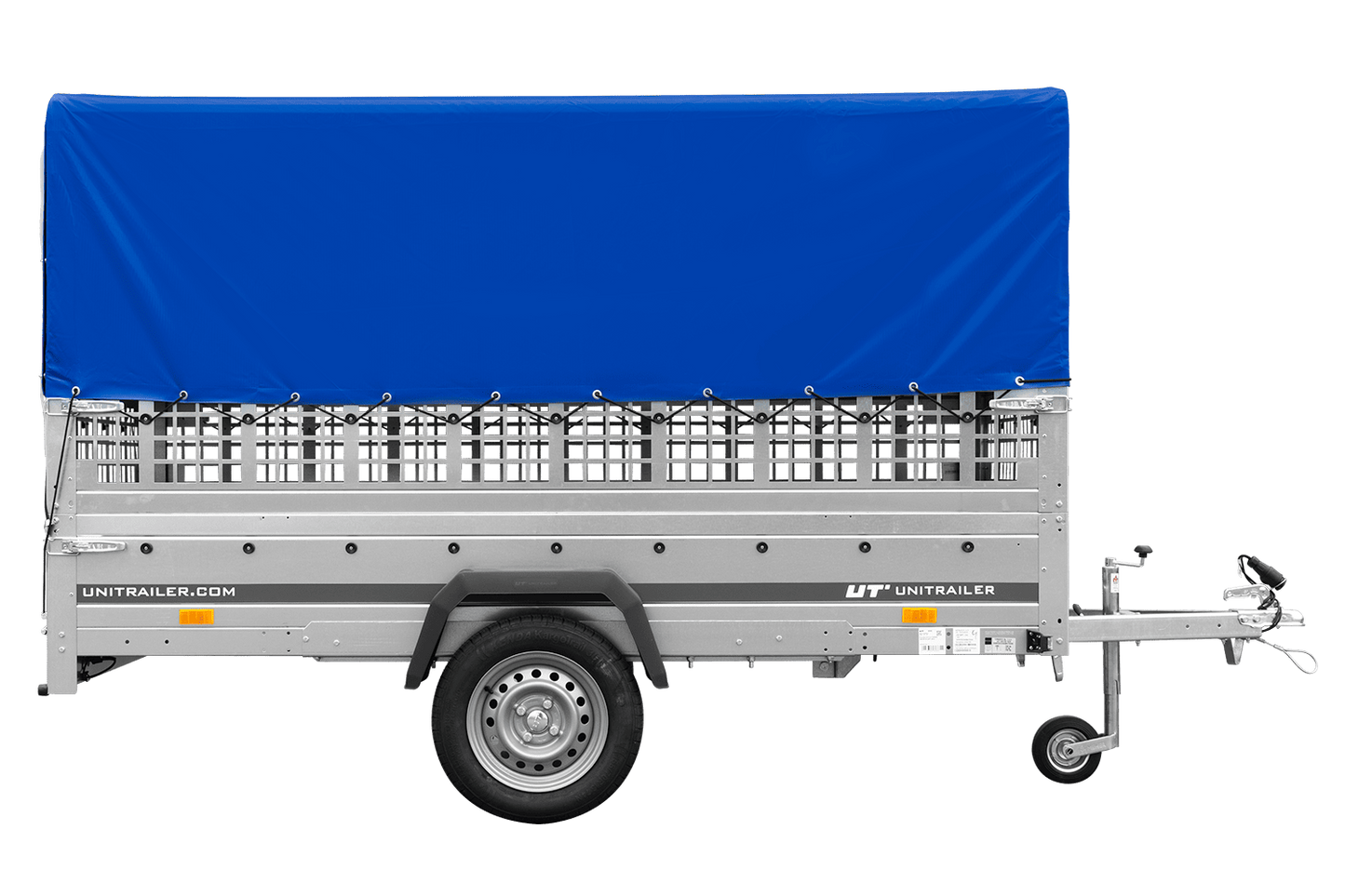 Remolque de un eje GARDEN TRAILER 264 BASCULANTE con sobrelaterales de malla, lona alta, estructura y rueda de apoyo