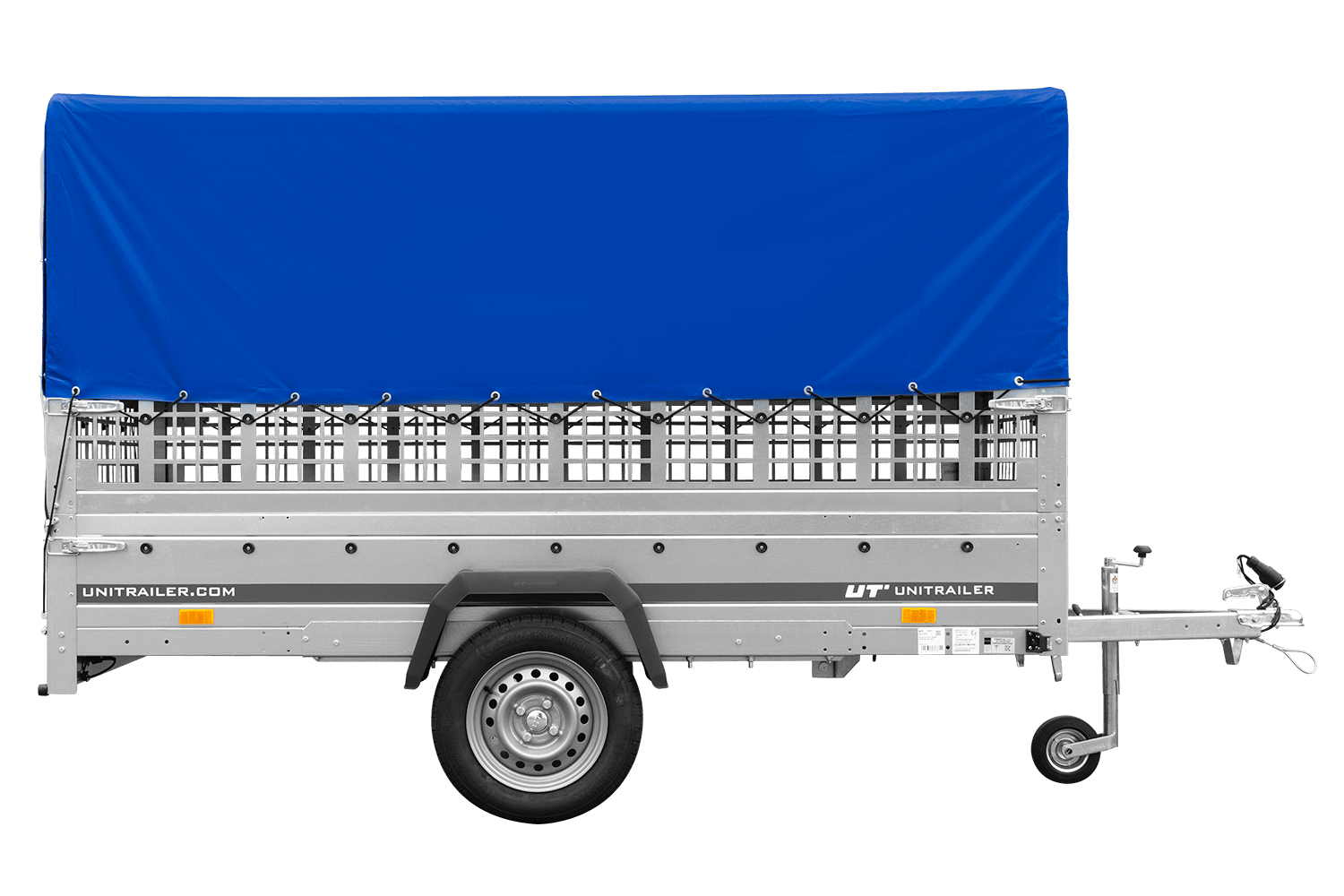 Remolque de un eje GARDEN TRAILER 264 BASCULANTE con sobrelaterales de malla, lona alta, estructura y rueda de apoyo