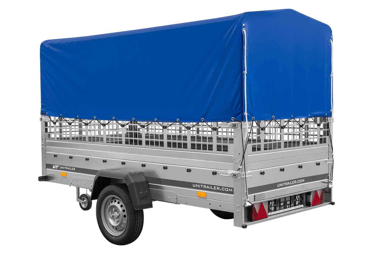 Remolque de un eje GARDEN TRAILER 264 BASCULANTE con sobrelaterales de malla, lona alta, estructura y rueda de apoyo