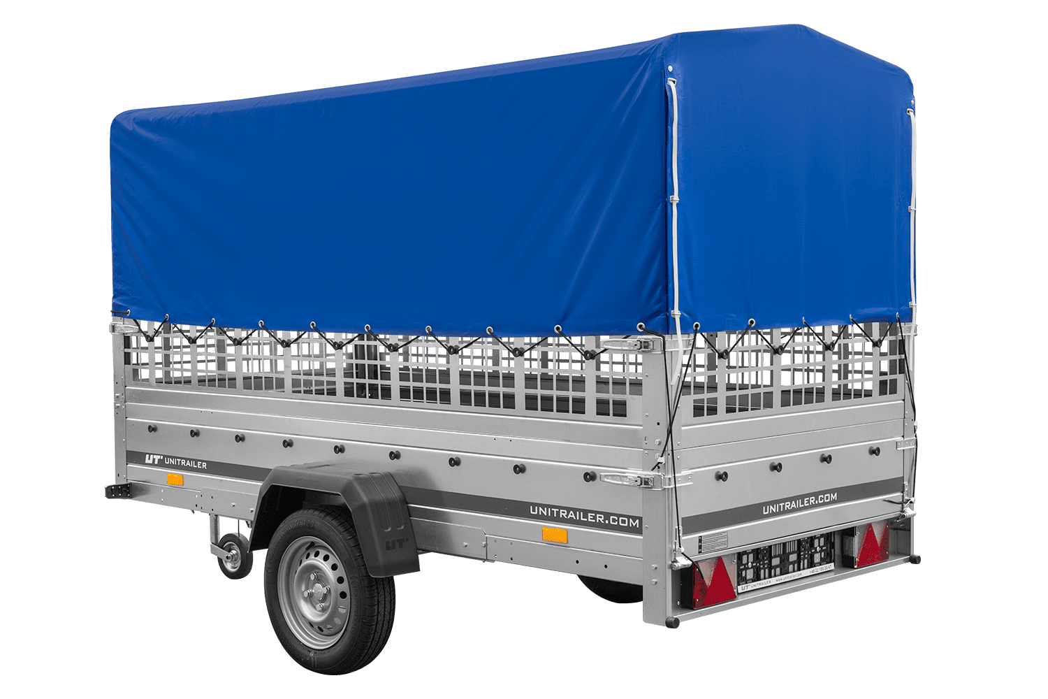 Remolque de un eje GARDEN TRAILER 264 BASCULANTE con sobrelaterales de malla, lona alta, estructura y rueda de apoyo