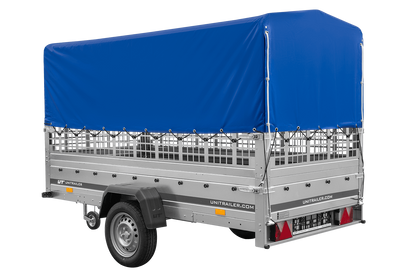 Remolque de un eje GARDEN TRAILER 264 BASCULANTE con sobrelaterales de malla, lona alta, estructura y rueda de apoyo