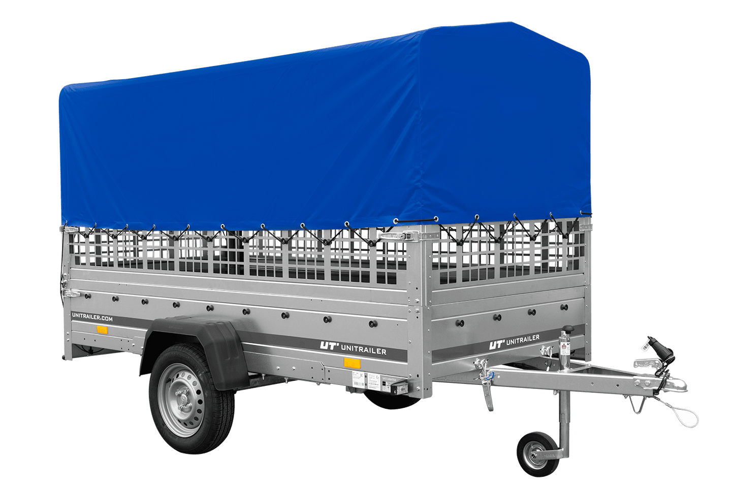 Remolque de un eje GARDEN TRAILER 264 BASCULANTE con sobrelaterales de malla, lona alta, estructura y rueda de apoyo