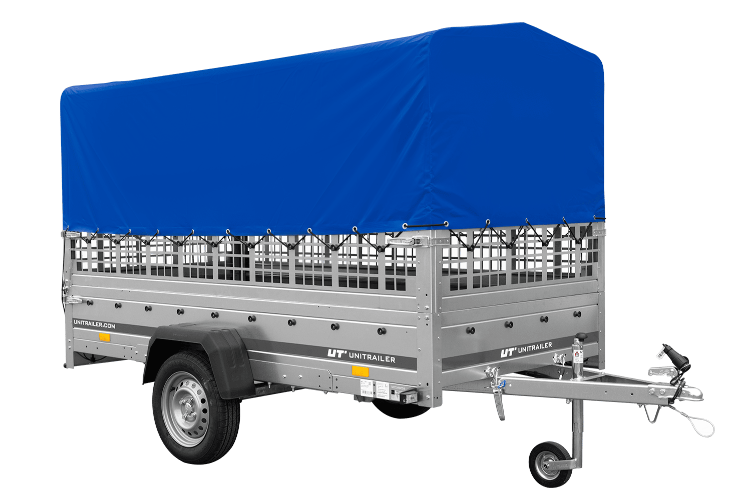 Remolque de un eje GARDEN TRAILER 264 BASCULANTE con sobrelaterales de malla, lona alta, estructura y rueda de apoyo