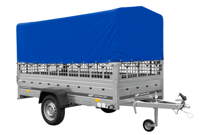 Remolque de un eje GARDEN TRAILER 264 BASCULANTE con sobrelaterales de malla, lona alta, estructura y rueda de apoyo