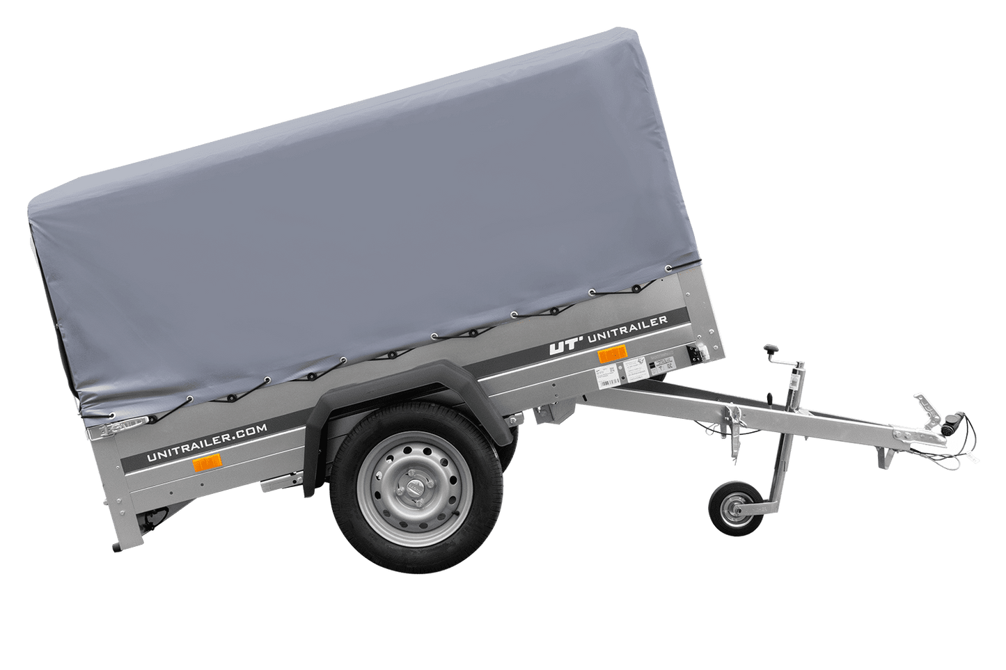 Remolque de un eje con muelles 200x125 UNITRAILER GARDEN 201/R BASCULANTE con marco H-800 y lona gris