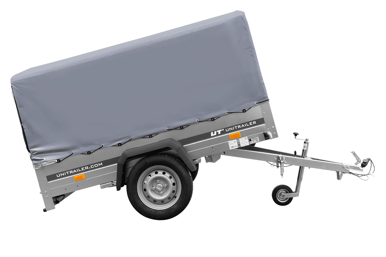 Remolque de un eje con muelles 200x125 UNITRAILER GARDEN 201/R BASCULANTE con marco H-800 y lona gris