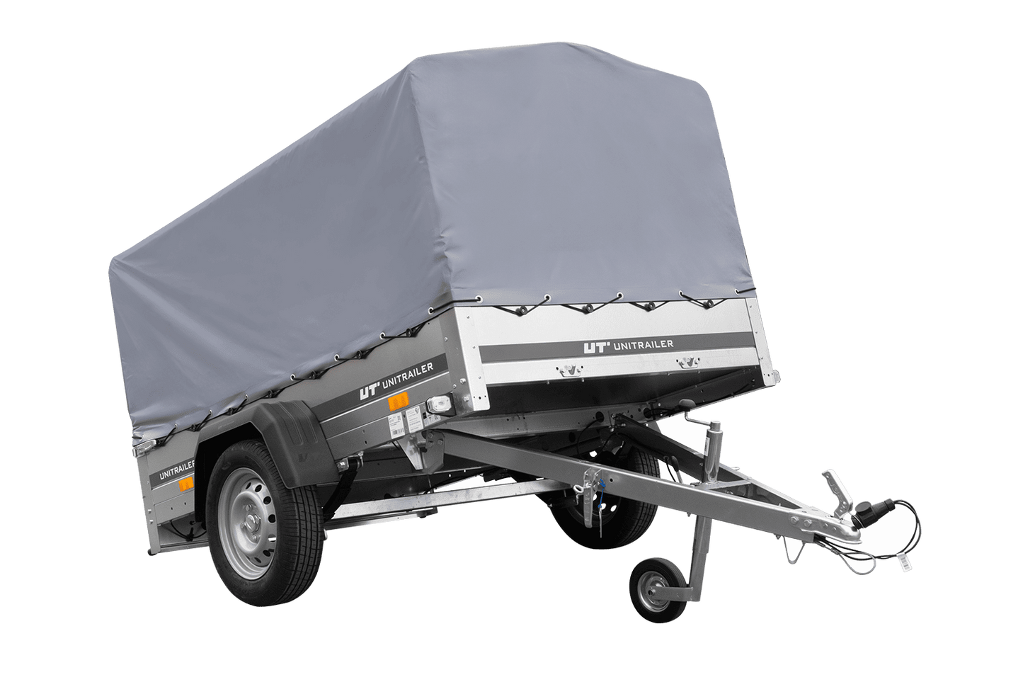 Remolque de un eje con muelles 200x125 UNITRAILER GARDEN 201/R BASCULANTE con marco H-800 y lona gris