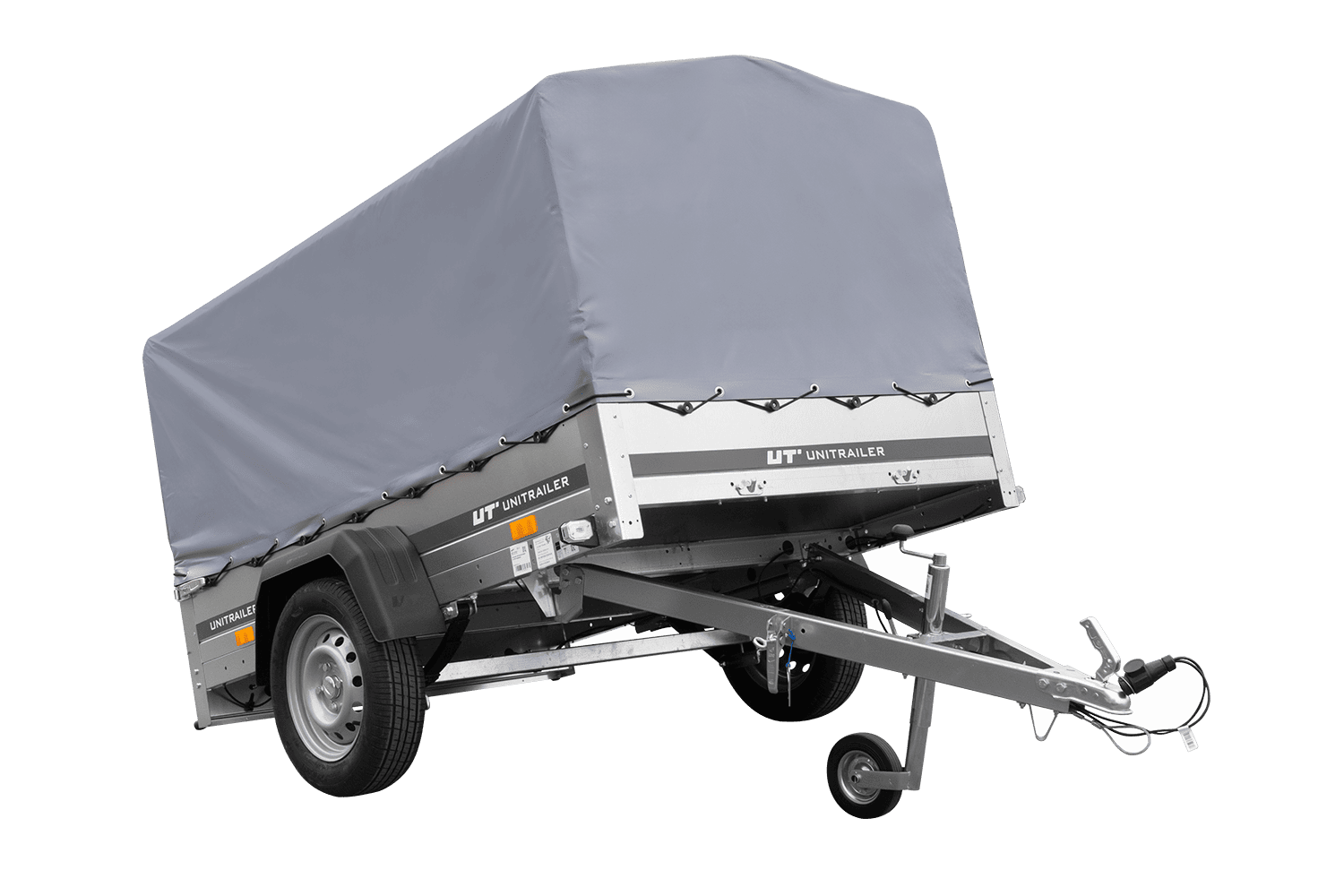 Remolque de un eje con muelles 200x125 UNITRAILER GARDEN 201/R BASCULANTE con marco H-800 y lona gris