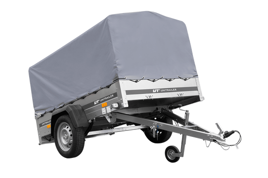 Remolque de un eje con muelles 200x125 UNITRAILER GARDEN 201/R BASCULANTE con marco H-800 y lona gris