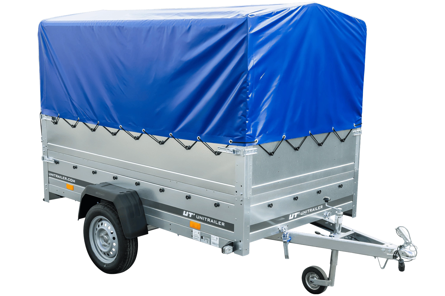 Remolque de un eje con muelles 230x125 UNITRAILER GARDEN 230/R BASCULANTE con laterales BIS, marco H-800 y lona azul