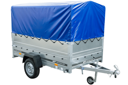 Remolque de un eje con muelles 230x125 UNITRAILER GARDEN 230/R BASCULANTE con laterales BIS, marco H-800 y lona azul