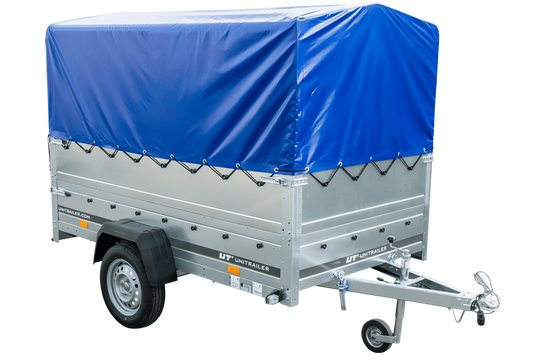 Remolque de un eje con muelles 230x125 UNITRAILER GARDEN 230/R BASCULANTE con laterales BIS, marco H-800 y lona azul