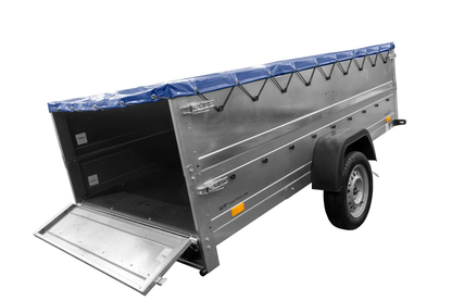 Remolque de un eje con muelles 264x125 UNITRAILER GARDEN 264/R BASCULANTE con laterales BIS, marco H-0 y lona azul