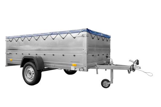 Remolque de un eje con muelles 264x125 UNITRAILER GARDEN 264/R BASCULANTE con laterales BIS, marco H-0 y lona azul