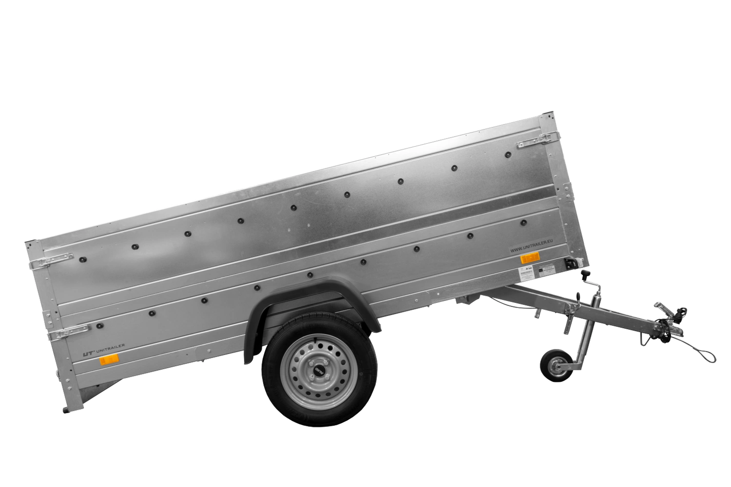 Remolque de un eje con suspensión 264x125 UNITRAILER GARDEN 264/R BASCULANTE con laterales BIS, marco H-0 y lona gris