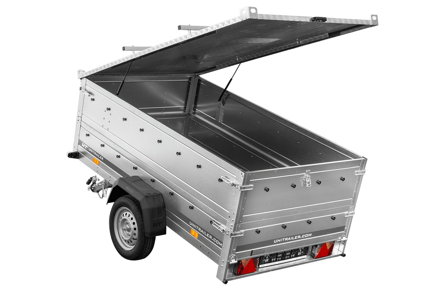 Remolque de un eje 230x125 UNITRAILER GARDEN 230 BASCULANTE con sobrelaterales y tapa de aluminio