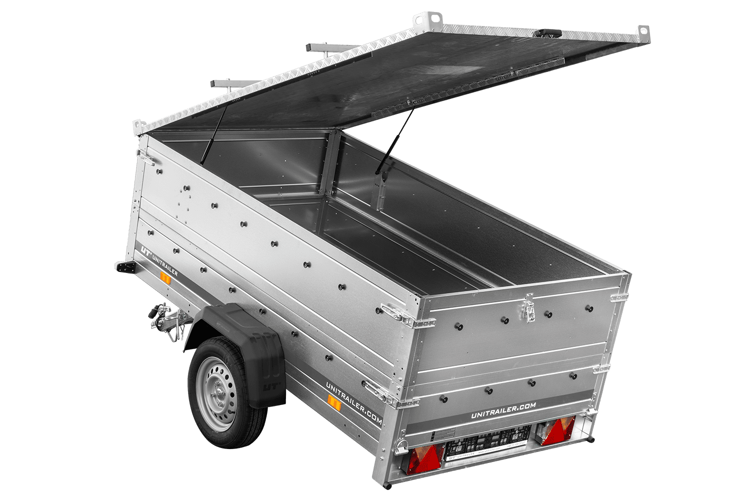 Remolque de un eje 230x125 UNITRAILER GARDEN 230 BASCULANTE con sobrelaterales y tapa de aluminio