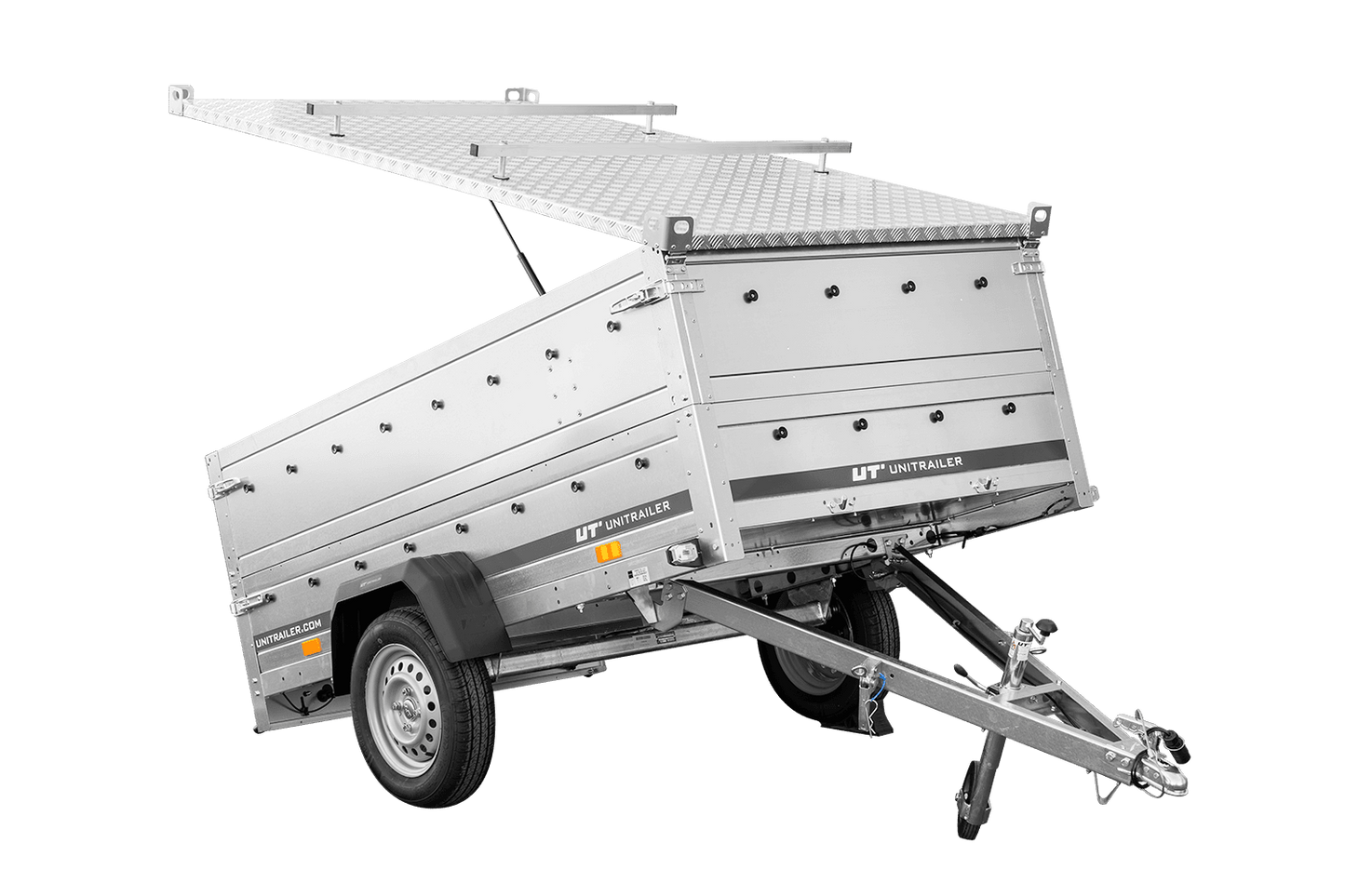 Remolque de un eje 230x125 UNITRAILER GARDEN 230 BASCULANTE con sobrelaterales y tapa de aluminio