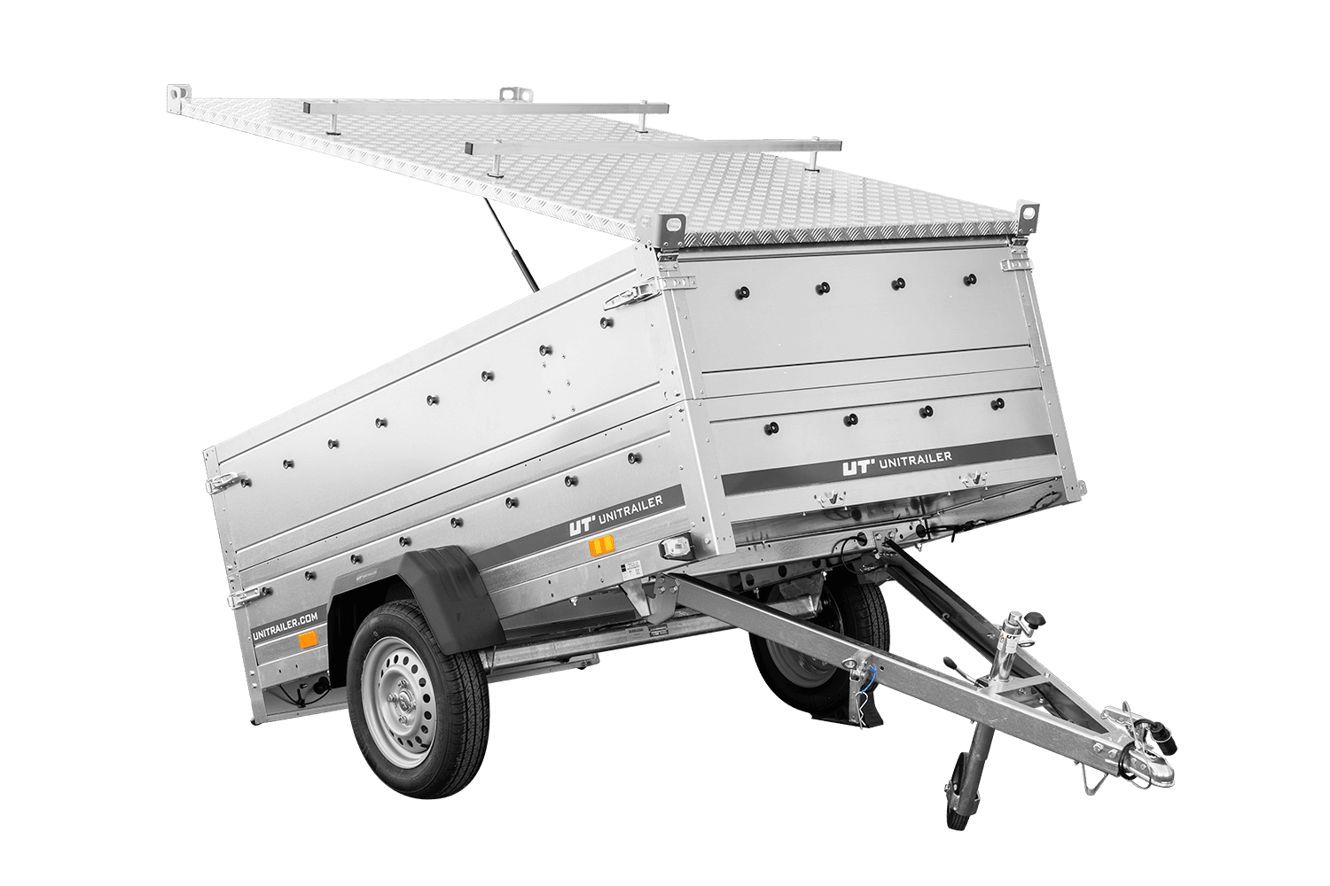 Remolque de un eje 230x125 UNITRAILER GARDEN 230 BASCULANTE con sobrelaterales y tapa de aluminio