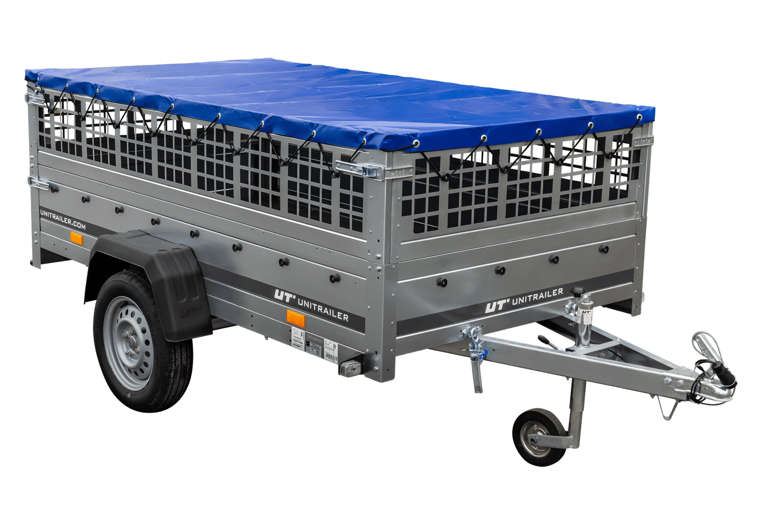Remolque de un eje sobre ballestas 264x125 UNITRAILER GARDEN 264/R BASCULANTE con laterales de rejilla, marco en H y lona azul